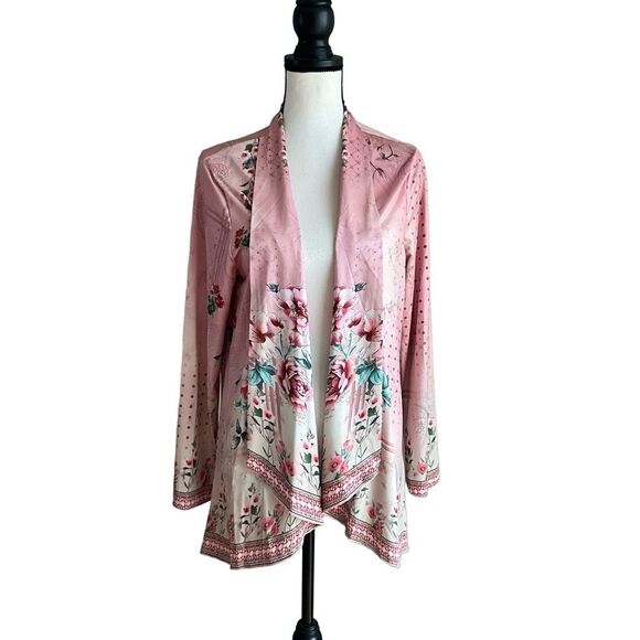 Unbranded Womens Kimono Pink Floral Open Front Cardigan Large - Picture 1 of 14
